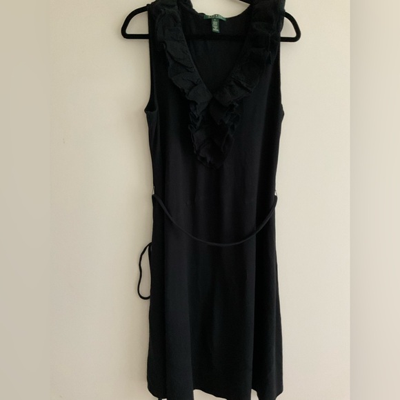 Lauren Ralph LRL Eyelet Lace Ruffle Black Midi Dress Preppy Coffee Brunch Date - Picture 12 of 16